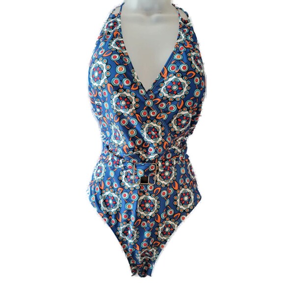 Halter V Neck Belted Swimwear Multicolor One Piece Sz M - Picture 1 of 5